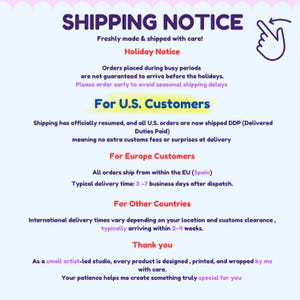 May include: A light blue informational graphic with dark purple, red, and orange text titled SHIPPING NOTICE. It includes sections for U.S. Customers, Europe Customers, and Other Countries, detailing delivery expectations and a thank you message.