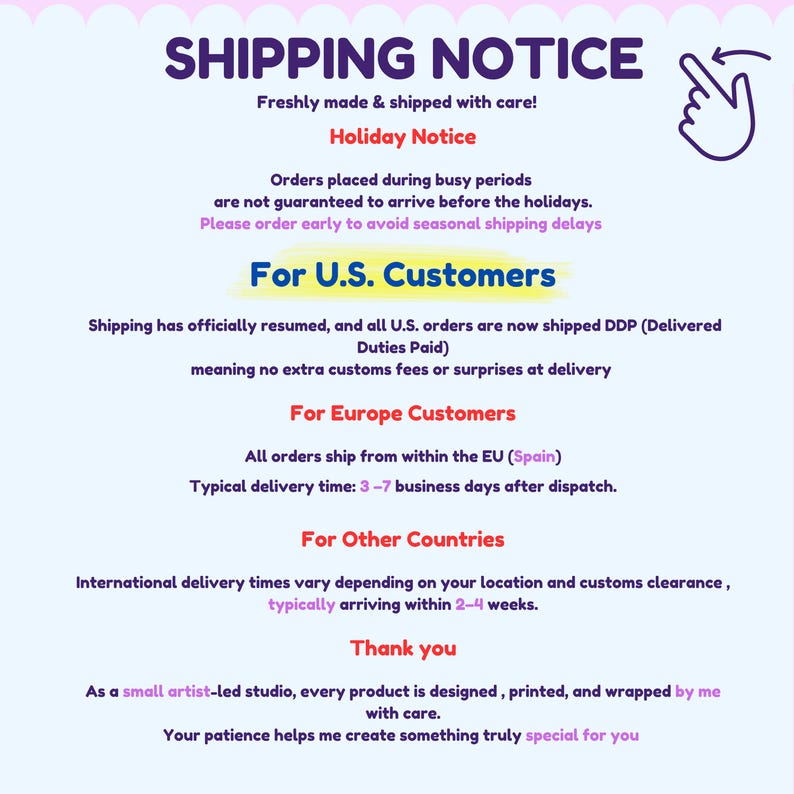 May include: A light blue informational graphic with dark purple, red, and orange text titled SHIPPING NOTICE. It includes sections for U.S. Customers, Europe Customers, and Other Countries, detailing delivery expectations and a thank you message.