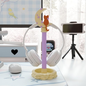 Cat Moon Headphone Stand, Aesthetic Floral Holder, Custom Color Gaming Stand, Handmade Lunar Display, Cute Headset Organizer, Desk Decor