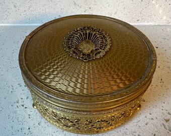 Vintage Ornate Brass Powder Box with Glass Insert