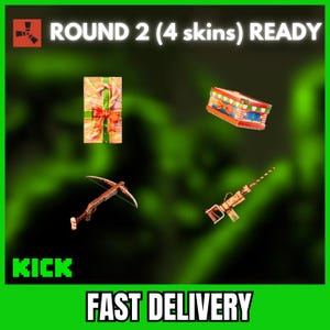 Könnte beinhalten: Das Bild zeigt vier Gegenstände: ein Geschenk mit roter Schleife, eine dekorierte Schachtel, eine Armbrust und ein Gewehr. Der Text lautet "ROUND 2 (4 skins) READY", "KICK" und "FAST DELIVERY" auf grünem Hintergrund.