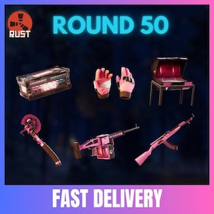 Puede incluir: Un surtido de armas y accesorios rosas y marrones, incluyendo un cofre con la etiqueta "GUNS", guantes y una pequeña mesa. También se muestran los textos "ROUND 50" y "FAST DELIVERY".