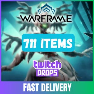Könnte beinhalten: Bild mit dem Warframe-Logo und einer Figur im Hintergrund. Ein blaues Rechteck zeigt "711 ITEMS" in weißem Text. Darunter ist ein lila-weißes Twitch Drops-Logo zu sehen. Die Worte "FAST DELIVERY" stehen unten.