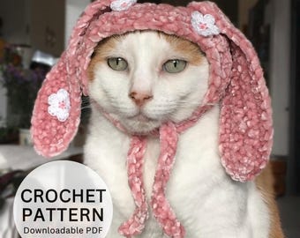 かぎ針編みパターン: 猫用イースターバニー耳帽子、耳穴付きウサギ耳