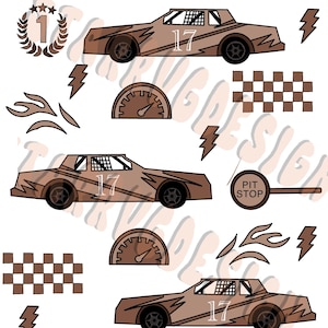 May include: A digital clipart set featuring a brown race car with the number 17 on the side. The set also includes checkered flags, a speedometer, a pit stop sign, and a laurel wreath with the number 1 in the center.