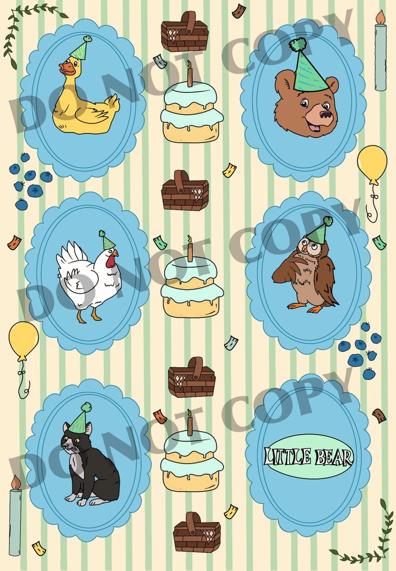 May include: A whimsical illustration featuring cartoon animals, cakes, and picnic baskets. Each animal, including a duck, bear, chicken, owl, and cat, wears a party hat and is framed in a blue oval. The background has a striped pattern.