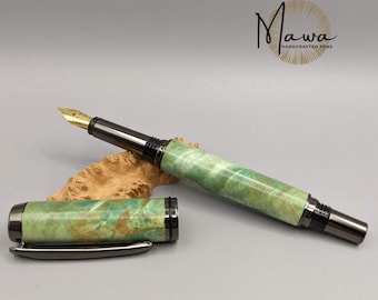 Handcrafted and Dyed Maple Burl Fountain Pen with Gunmetal Accents and Iridium Nib