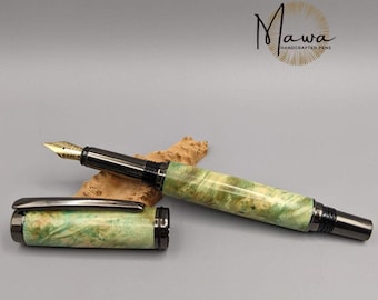 Handcrafted and Dyed Maple Burl Fountain Pen with Gunmetal Accents and Iridium Nib