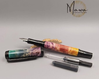 Handcrafted and Dyed Maple Burl Fountain Pen with Gunmetal Accents and Iridium Nib