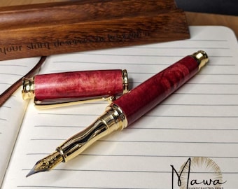 Handcrafted and Dyed Maple Burl Fountain Pen with Gold Accents and Iridium Nib