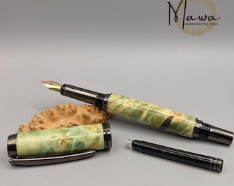Handcrafted and Dyed Maple Burl Fountain Pen with Gunmetal Accents and Iridium Nib