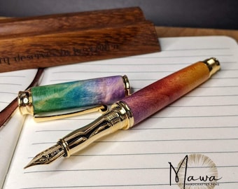 Handcrafted and Dyed Maple Burl Fountain Pen with Gold Accents and Iridium Nib