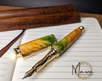 Handcrafted and Dyed Maple Burl Fountain Pen with Gold Accents and Iridium Nib
