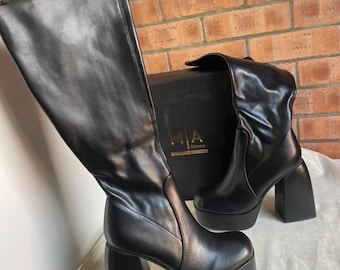 Square Toe Platform Block Heel Knee High Long Sock Boot 7 / 40