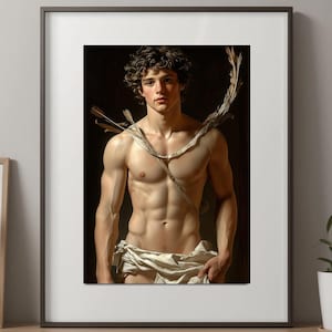 May include: A painting of a young man with curly brown hair, wearing a white cloth draped around his waist. He has a muscular physique and is standing with his arms at his sides. The background is a dark brown color.