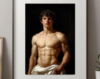 Puede incluir: Una lámina de arte enmarcada que muestra un retrato de estilo clásico de una persona musculosa con cabello oscuro y rizado, vista de cintura para arriba sobre un fondo negro, con una tela blanca drapeada en la cintura, en un marco oscuro.