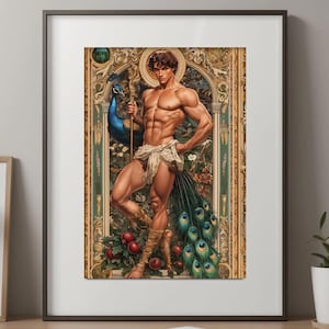 Guardiano del Giardino Sacro Poster Art Nouveau - Stampa artistica gay originale di un dio maschio in un rigoglioso giardino decorato