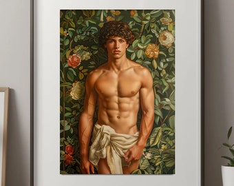 Edens Adonis Art Poster | Maskuliner botanischer AI Druck, Gay Art