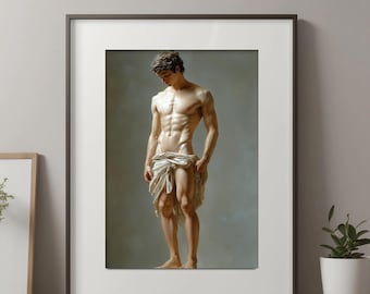 Shirtless Male God AI Art Poster: Contemplation in Light