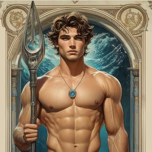 Poseidon&#39;s Son: Mythic Masculinity in Gilded Frame -- poster print of shirtless god of the sea