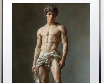 Shirtless Male Model Art Print: Neoclassical Figure, Chiaroscuro Lighting, Gay Art