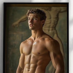 Contemplation in Bronze -- printed ai poster, shirtless male in museum