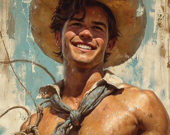 Handsome cowboy, Gay male poster art, Male pin up, Gay Pulp Art, Queer Art Print, Vintagestyle, decorative retro poster