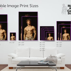 May include: A chart showing different sizes of prints available for a painting of a man's torso. The sizes are listed in inches, with the smallest being 5 inches by 7 inches and the largest being 24 inches by 36 inches.