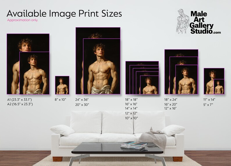 May include: A chart showing different sizes of prints available for a painting of a man's torso. The sizes are listed in inches, with the smallest being 5 inches by 7 inches and the largest being 24 inches by 36 inches.
