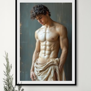 May include: A muscular man with short, dark hair poses in a studio setting. He is wearing a white cloth draped around his waist. The background is a textured, dark green wall.