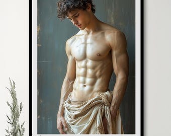 Lámina artística sobre el estudio de la figura masculina: Joven contemplativo a la luz azul cerúlea, arte gay.