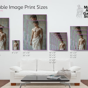 Puede incluir: Un gr&aacute;fico que muestra los diferentes tama&ntilde;os de impresiones disponibles para comprar. La imagen muestra a un hombre con una t&uacute;nica blanca de pie frente a un fondo gris. El texto "Available Image Print Sizes" est&aacute; en la parte superior de la imagen. El texto "Approximation only." est&aacute; debajo del t&iacute;tulo. El texto "Male Art Gallery Studio.com" est&aacute; en la esquina superior derecha de la imagen. La imagen muestra diferentes tama&ntilde;os de impresiones disponibles para comprar, que van desde 5 pulgadas por 7 pulgadas hasta 24 pulgadas por 36 pulgadas.
