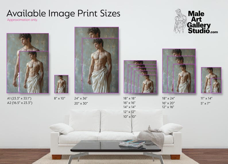 Puede incluir: Un gr&aacute;fico que muestra los diferentes tama&ntilde;os de impresiones disponibles para comprar. La imagen muestra a un hombre con una t&uacute;nica blanca de pie frente a un fondo gris. El texto "Available Image Print Sizes" est&aacute; en la parte superior de la imagen. El texto "Approximation only." est&aacute; debajo del t&iacute;tulo. El texto "Male Art Gallery Studio.com" est&aacute; en la esquina superior derecha de la imagen. La imagen muestra diferentes tama&ntilde;os de impresiones disponibles para comprar, que van desde 5 pulgadas por 7 pulgadas hasta 24 pulgadas por 36 pulgadas.