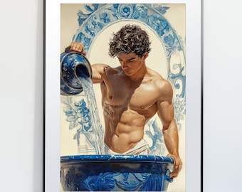 Lámina artística de Acuario masculino: Desnudo masculino clásico, porcelana azul.