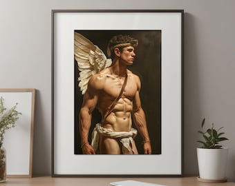 Divine Messenger -- printed original ai art poster, muscular male angel painting