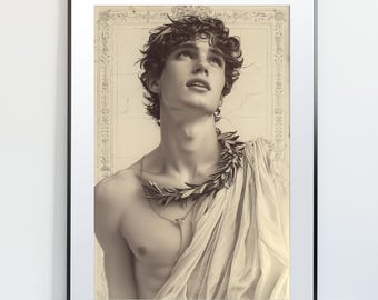 Puede incluir: Impresión artística enmarcada en tonos sepia que presenta una figura masculina clásica. La figura lleva una corona de laurel y una prenda drapeada, con un collar. El fondo tiene un diseño de mapa vintage. La obra de arte se exhibe en una pared blanca.