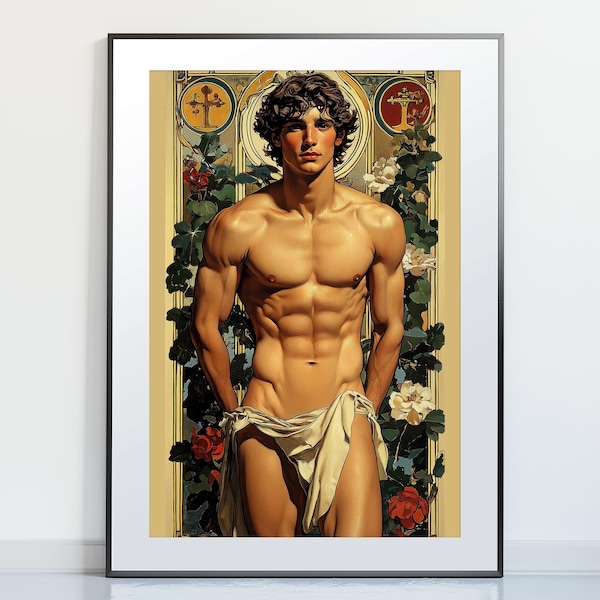 Garden's Guardian — Gay Art Nouveau Print, Botanical Male Figure, Masculine Wall Art, Queer Decor