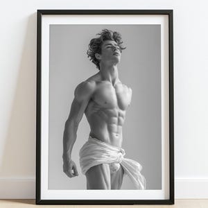Adonis Awakened -- printed poster, original fine ai art, black and white photo, muscular shirtless man