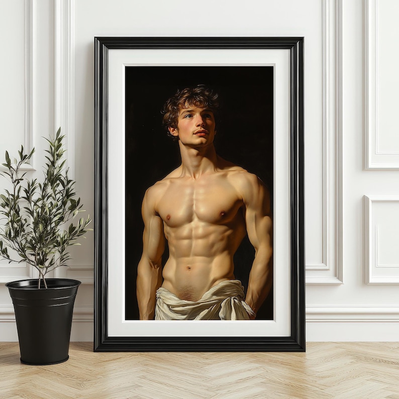 May include: A painting of a man with a muscular physique, standing with his torso bare and a white cloth draped around his waist. He is looking up and to the right, with a serious expression on his face.
