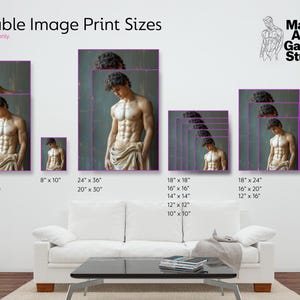 May include: A chart showing different sizes of prints available for a photo of a man with a muscular physique. The sizes are listed in inches, with the largest size being 24 inches by 36 inches and the smallest size being 5 inches by 7 inches.