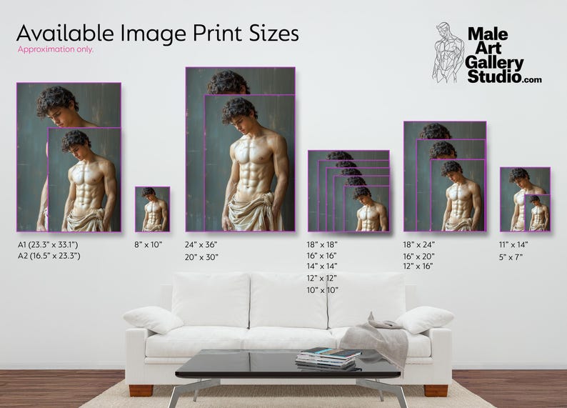 May include: A chart showing different sizes of prints available for a photo of a man with a muscular physique. The sizes are listed in inches, with the largest size being 24 inches by 36 inches and the smallest size being 5 inches by 7 inches.