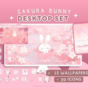 Sakura Bunny Lofi Desktop Set Wallpapers Pictogrammen Roze Schattig Desktop Organizer Kawaii Bloemen Map Achtergrond Windows Mac BundlePack Esthetisch