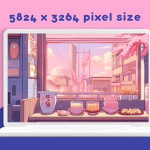 May include: A digital illustration of a Japanese street scene with a pink and purple colour scheme. The scene is viewed through a window with a table in the foreground. On the table are several bowls and a large ceramic jar with the Chinese characters for "sake" written on it.