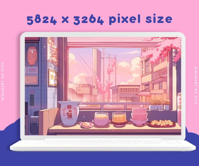 May include: A digital illustration of a Japanese street scene with a pink and purple colour scheme. The scene is viewed through a window with a table in the foreground. On the table are several bowls and a large ceramic jar with the Chinese characters for "sake" written on it.