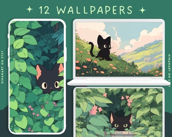 Papier peint chats noirs papier peint matcha lofi plantes papier peint anime papier peint vert mignon fonds d'écran kawaii fonds d'écran studio ghib