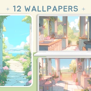 Peut inclure: Un ensemble de 12 fonds d'écran numériques représentant une illustration pastel d'une maison avec un jardin et un chemin menant à un plan d'eau. Les fonds d'écran sont disponibles en téléchargement sur Etsy.