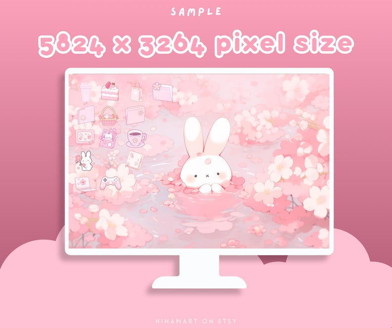 Sakura Bunny Lofi - Conjunto de fondos de pantalla para escritorio, iconos, organizador de escritorio rosa, flores kawaii, carpeta, fondo, paquete estético para Windows y Mac imagen 6