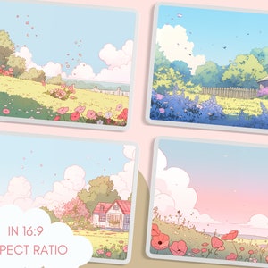 May include: Four digital illustrations of different landscapes with houses, flowers, and blue skies. The text "IN 16:9 ASPECT RATIO" is at the bottom of the image.
