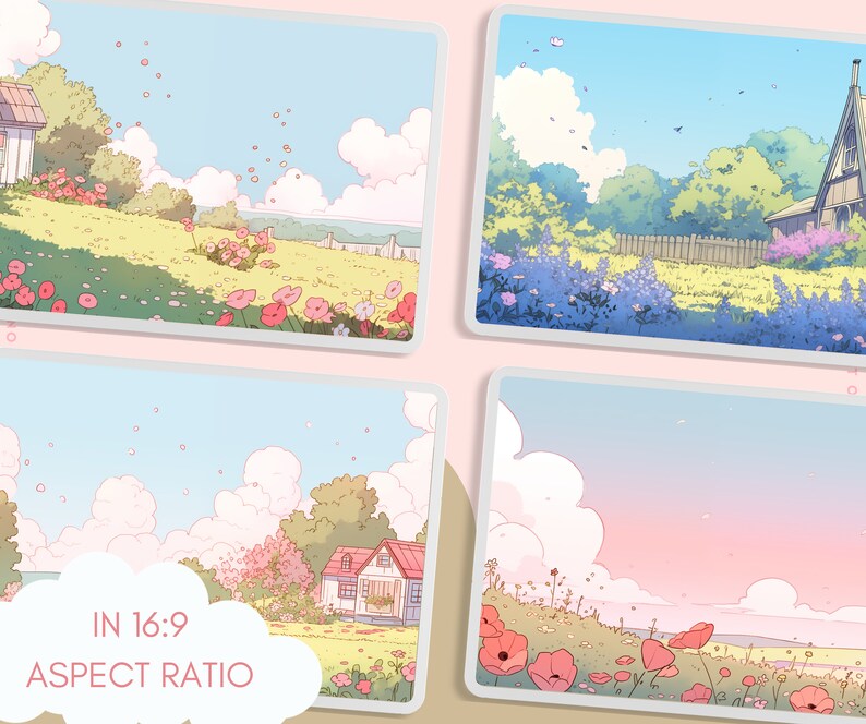 May include: Four digital illustrations of different landscapes with houses, flowers, and blue skies. The text "IN 16:9 ASPECT RATIO" is at the bottom of the image.
