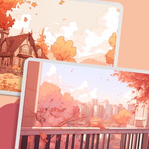 May include: A digital illustration of a cityscape with a balcony overlooking the scene. The balcony is made of wood and has a metal railing. The cityscape is made up of buildings with red roofs and windows. The sky is blue with white clouds. The trees are a vibrant orange and red.